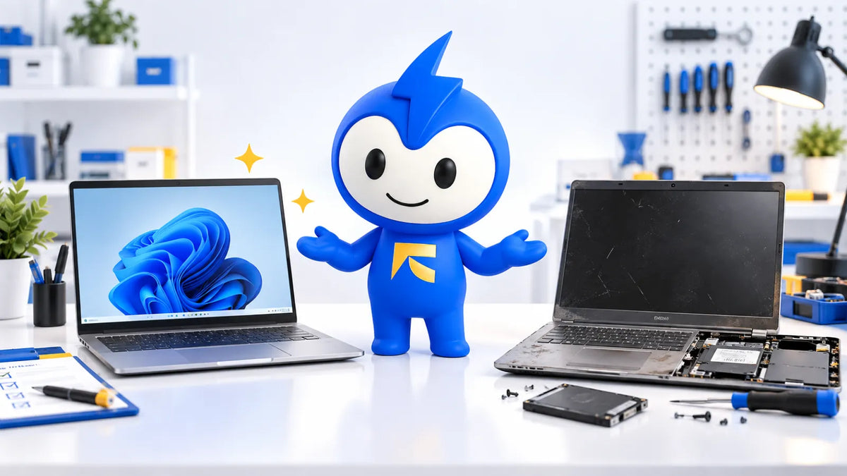 Cheerful blue robot mascot stands between two laptops on a tech workbench, with tools and parts nearby, creating a friendly repair-shop scene.