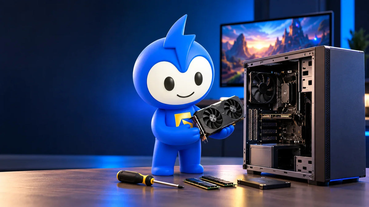  an office, a blue character displays a stylish gaming computer case, emphasizing its gaming capabilities.